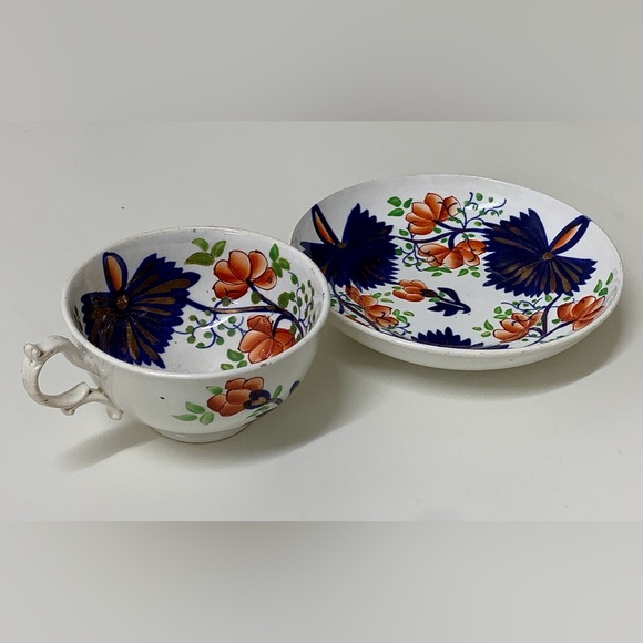 19th Century Antique Gaudy Welsh Butterfly Pattern Hand Painted Cup & Saucer Set - Picture 11 of 16